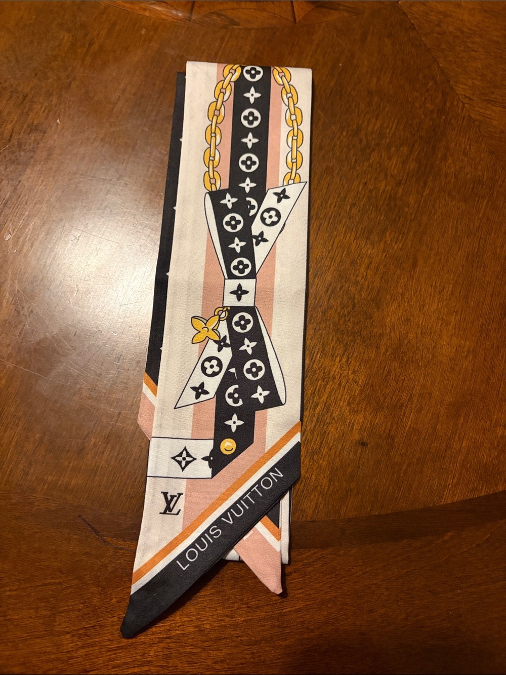 Louis Vuitton Pink, Black & Gold Monogram Silk Twilly Scarf